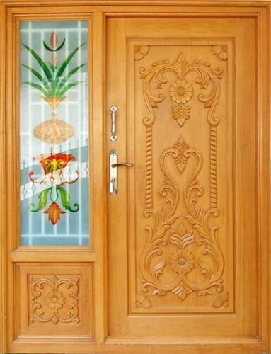 Traditional carved wooden door with glass panel